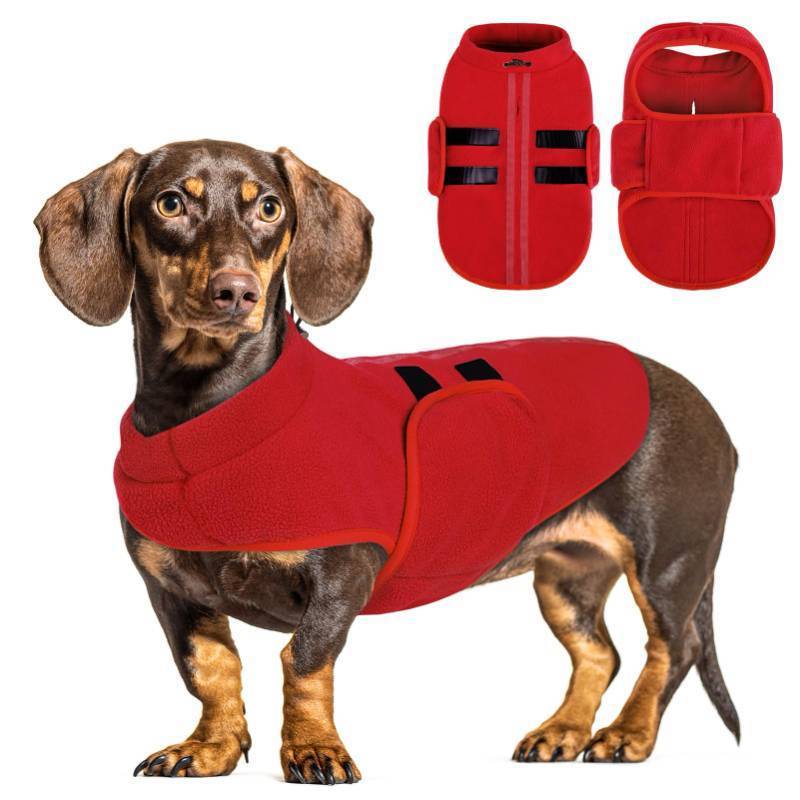 lot 24718 image: Soft Fleece Dog Jacket, Warm Winter Dog Clothes with Leash Hole, Dachshund Sweater for Small Dogs Cats Boy or Girl (Red, S) - Retail $26