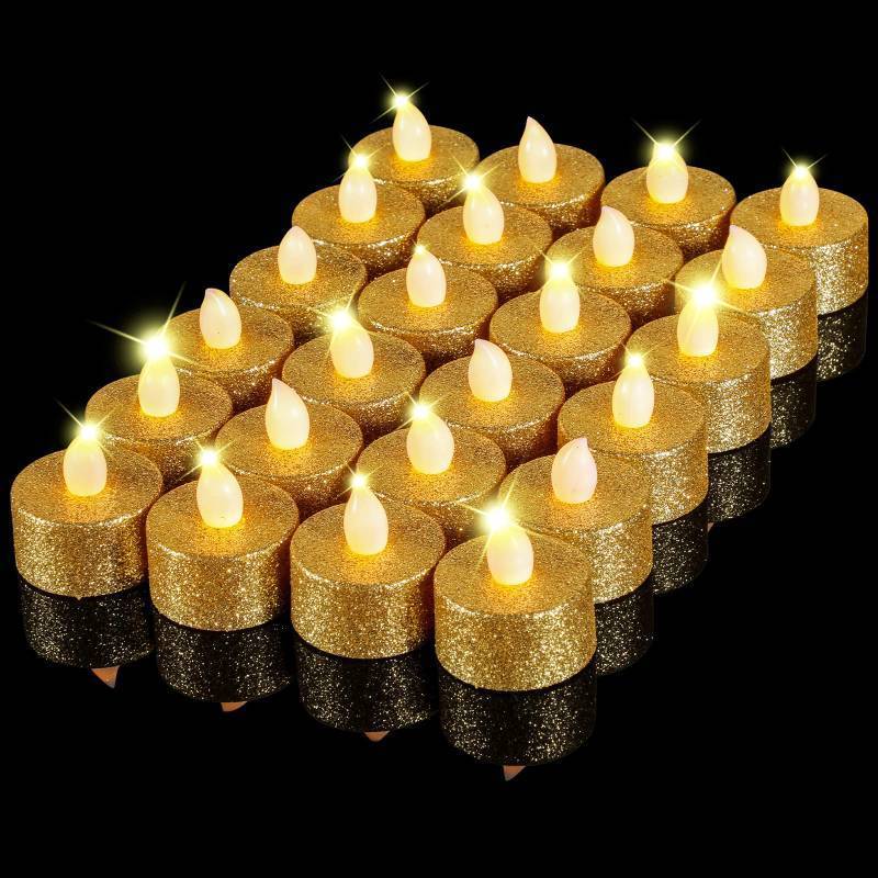 lot 24740 image: 24 Pieces Gold Tea Lights LED Candles Tealights Flameless Votive Battery Operated Tea Lights Electric Glitter Tealight for Christmas Holiday, Festival Gift, Wedding, Party Decor - Retail $16