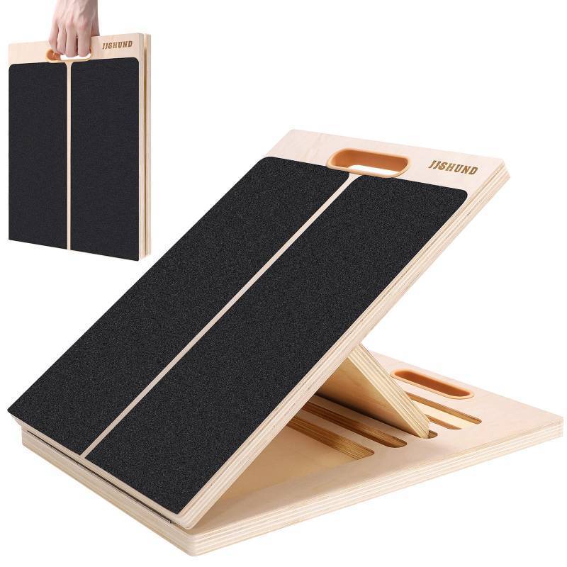 lot 24764 image: Portable Slant Board for Calf Stretching, Adjustable Wooden Calf Stretcher Incline Board, Calf Stretch Board for Squats Leg Knees Heel Ankle Stretching - Retail $21
