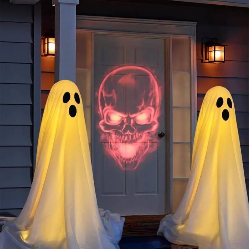 lot 24773 image: 2 Packs Halloween Decorations Outdoor, Halloween Light Up Spooky Ghost Decor, Ghost Decor with Adjustable Height for Porches Yards Gardens Lawn, Easy to Assemble Ghost Decorations - Retail $30