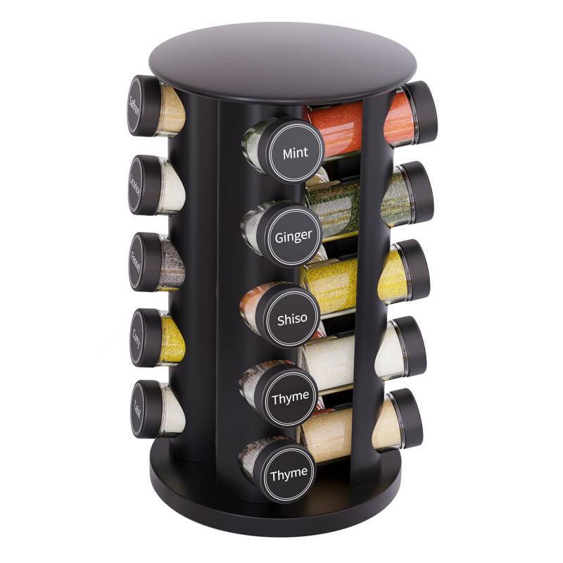 lot 24779 image: New England Stories Revolving Spice Rack Set with 20 Spice Jars, Kitchen Spice Tower Organizer for Countertop or Cabinet - Carousel Storage Includes 386 Spice Labels (Black) - Retail $35