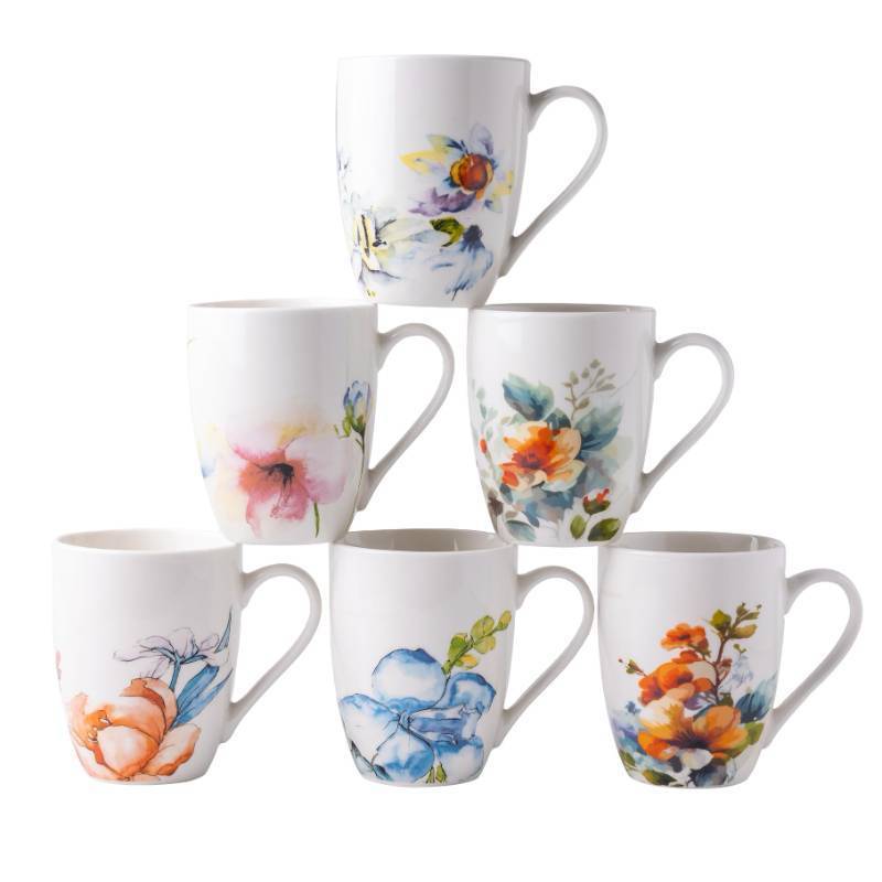 lot 24787 image: 12oz Coffee Mugs Set fo 6, Ceramic Coffee Mugs with Decaled Flowers for Man Woman Mom Dad, Light Weight Coffee Mugs Set for LatteCappuccinoCocoaMilk, Dishwasher & Microwave Safe - Retail $26