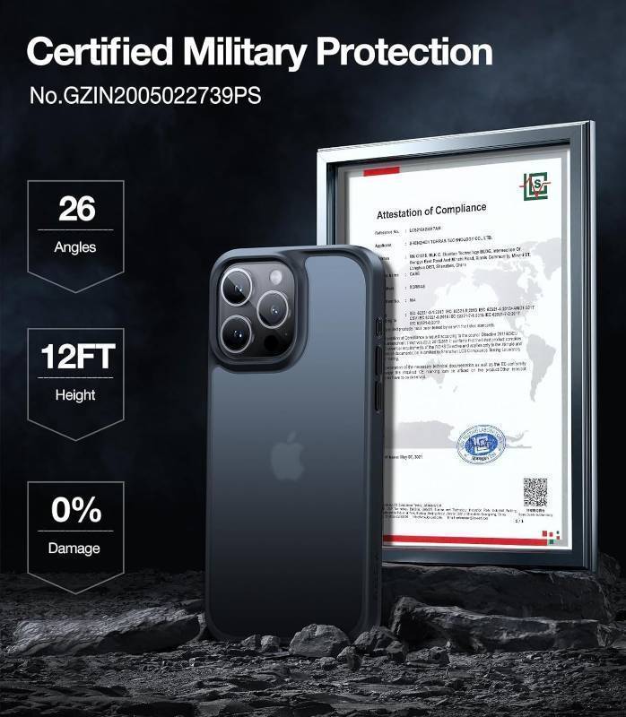 lot 24637 image: Shockproof for iPhone 14 Pro Case, 3X Military-Grade Drop Tested & Slim Silky Feel Translucent Hard Back with Silicone Protective Anti-Fingerprint Anti-Scratch Phone Case Guardian, Black - Retail $19