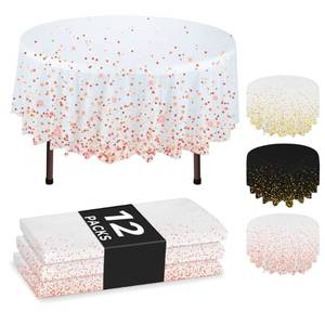 lot 15109 image: 12-Pack White Disposable Plastic Tablecloths, 84 Plastic Table Cloth, Round Table Cover Rose Gold Confetti - Retail $20
