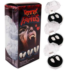 lot 15127 image: Set of 3 Realistic Vampire Fangs Teeth - Fake Vampire Fang for Adults & Kids - Scarecrow Demon Werewolf Dracula Halloween Costume Cosplay Apparel Fangs - Retractable Wolf Fake Sharp Teeth Accessories - Retail $10