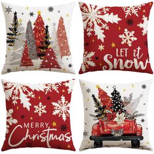 lot 15145 image: Christmas Throw Pillow Covers 18x18 Inch Set of 4, Let It Snow Snowflakes Truck Winter Christmas Decoration Pillow Cases for Home Sofa Couch Decor-Red - Retail $16