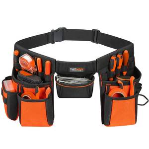 lot 15148 image: TUFFWORX Tool Belt with Multiple Pockets, Heavy Duty Construction Pouch, Black and Orange - Retail $30