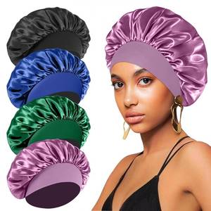 lot 15153 image: 3 PCS Silk Satin Bonnets for Black Women & Men - Elastic Wide Band Hair Wrap Cap for Curly Hair - Shower Cap for Sleeping. - Retail $7