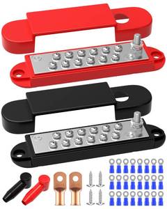 lot 15177 image: Power Distribution Block 12V 150A Marine Bus Bar, 12Volt Terminal Block with Cover 14 Studs 12 x #8 Screws Terminals Stud Ground Battery Buss Bar for Boat Automotive Solar Wiring (Pair, Red & Black) - Retail $13