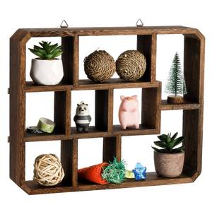 lot 15185 image: Rustic Shadow Box Display Shelf, 9 Compartments Wood Hanging Display Floating Shelves, Multi-Slot Wall Mounted or Freestanding Farmhouse Decor Displays Case - Retail $34