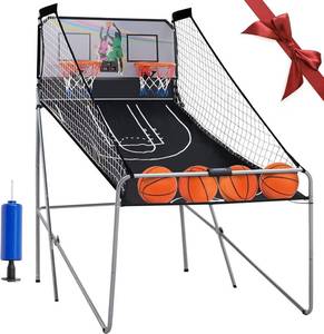 lot 121221 image: Retails for $129 Foldable Electronic Dual Basketball Arcade Game,Double Shot 2 Player, 8 Game Options w4 Balls LED Scoring System & Indoor Basketball Game for Youth, Adults