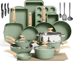 lot 421191 image: Retails for $200 Kitchen Academy Pots and Pans Set Nonstick, 30 Pieces Induction Kitchen Cookware and Bakeware Sets, Green Granite Coating Cooking Pans Set