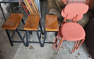 (3) Mid-Century Bar Stools and (4) Coral Cushion Chairs