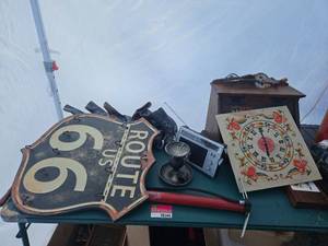 lot 18548 image: Assorted Lot W Route US 66 Sign, Bread Box, Ice Skates and More