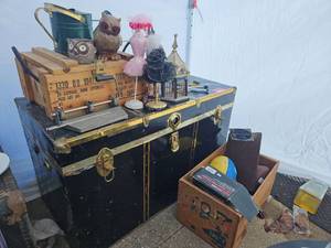 lot 18550 image: Assorted Lot W Gold and Black Chest, Wooden Military Ammo Box and More