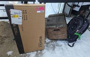 lot 18556 image: Assorted Lot W High Sierra Backpack, Vasagle End Table, and Wooden Box