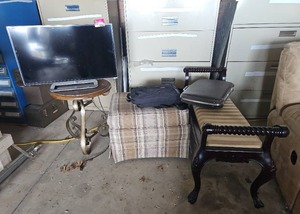 lot 18560 image: Assorted Lot W 32in Vizio TV, Decorative Metal Stand, Window Bench, and More