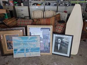 lot 18564 image: Assorted Lot Including Framed Art, Mirror, and Ironing Board