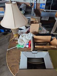lot 18570 image: Assorted Lot Including 5ft Table, Dinner Plates, Table Lamp and More