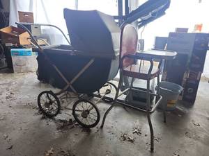 lot 18572 image: Metal Baby Carriage and High Chair