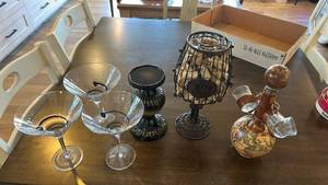 Assorted Lot W/ Martini Glasses, Wine Cork Holder, Candle Holder, and Liquor Decanter