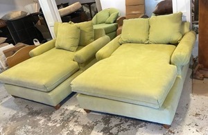lot 3524 image: Lime Green Chaise Lounges with Throw Pillows - Set of 2