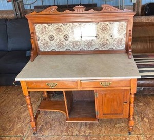 lot 3528 image: Victorian Marble Top Washstand with Decorative Backboard
