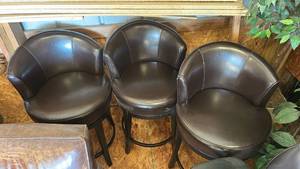 lot 3533 image: Brown Leather Bar Stools - Set of 3