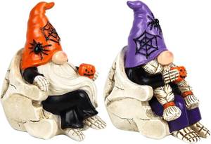 lot 7214 image: Halloween Gnomes Decorations 2 PCS Resin Skull Decor Skeleton Tabletop Figurines Indoor Holiday Collectible Statue for Women Men Kids