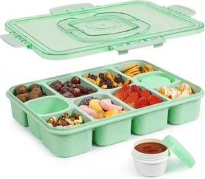 lot 7217 image: Caperci Snackle Box Container - Large 10-Compartment Divided Serving Tray with Lid and Handle, Built-in 2 Dip Containers, Dishwasher Safe, Leak-Proof, Wheat Straw, BPA-Free (Green)