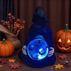 lot 7219 image: The Death Gods Crystal Ball   LED Light Grim Reaper Bat Globe, Suriel Bookshelf Figure Halloween Decor   Gothic Liquid Motion Water Glitter for Home & Party Decoration