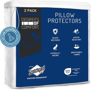 lot 7255 image: Degrees of Comfort Pillow Protectors (Set of 2) - Hypoallergenic, Water Resistant, Zippered Dust Allergy & Bed Bug Proof Pillow Cover, Cotton Terry with 3M Scotchgard, Standard Size, 21x27