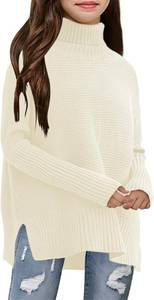 lot 7273 image: Haloumoning Kids Girls Turtleneck Tunic Sweaters Dress Oversized Long Sleeve Knit Chunky Pullover Jumper with Slit 5-14T