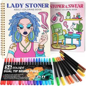 lot 7281 image: Stoner Coloring Book for Adults Relaxation - 2 pcs Cozy Weed Girl Moments Coloring Book for Women with Markers - Funny Stress Relief Self Care Gifts - Get Well Gifts After Cancer Surgery