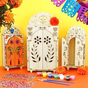 lot 7282 image: Dia De Los Muertos Altar Shadow Box - Wooden Day of The Dead Ofrenda Shadow Box - Crafts Ofrenda Decorations - DIY Skull Papel Picado Mexican Picture Frames Shrine Box
