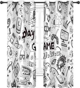 lot 7331 image: Cinbloo Kids Video Games Blackout Curtains 29W x 63L Inch Black White Gaming Curtains Teen Boys Bedroom Decor Gamer Theme 90s Cool Art Printed Living Room Playroom Window Drapes 2 Panels