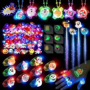 lot 8007 image: 100Pcs Halloween Party Favors for Kids-Halloween Glow in the Dark Party Supplies,Halloween Light Up Necklace Flash Rings,Non-Candy Trick or Treat Goodie Bag Fillers,Classroom Favors Gifts