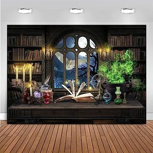 lot 8051 image: Mocsicka Wizard Magic Bookshelf Backdrop Witch Cauldron Halloween Party Decoration Magic Theme Birthday Party Banner Photo Studio Props (Brown, 8x6ft(96x72)) (3)