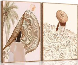 lot 8059 image: UZXTFQU 2Pcs Boho Woman Canvas Wall art Beige Abstract Minimalism Summer Girls Portrait Straw Hat Dress Line Gouache Painting Picture Wall Decor Poster Print Artwork for Living Room Bedroom Unframed