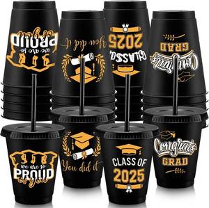 lot 8105 image: 24 Pieces Plastic Graduation Cups 2025 16 oz Bulk Disposable Cup with Lid and Straw Congrats Grad Cups Reusable Gifts Tumbler for Party Favors Beverage Coffee Tea(Black)