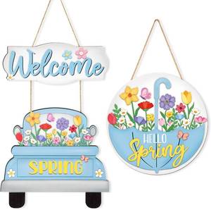 lot 8126 image: Spring Decoration Wood Door Wall Signs,Wooden Wreaths Front Door Welcome Sign Truck Flower Ornaments Door Hanger Crafts for Spring Home Farmhouse Party Porch Wall Deco