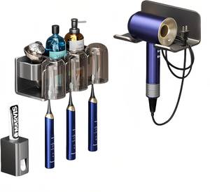 lot 8179 image: Wall Mounted Holders Set for Bathrooms-3 Cups Toothbrush Holder with Cosmetic Organizer & Toothpaste Dispenser & Hair Dryer Holder, Dark Grey