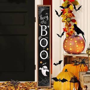lot 8181 image: Halloween Welcome Sign for Front Porch Standing, BOO Wooden Porch Sign for Door Decorations, Farmhouse Hanging Wall Sign for Halloween Happy Outdoor Garden Decor 47.2H - Black