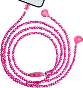lot 8275 image: VOFUOE Wired Headphones for iPhone Earbuds Built-in Microphone & Volume Control, Pearls Beads Bling Diamond Earphones for Girls, HiFi Stereo Headset for iPhone 14131211XR, Plug and Play-Hot Pink