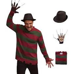 lot 8006 image: Adult Scary Halloween Costumes for Mens Horror Costume Red and Green Striped Sweater with Hat Claw Gloves Mask