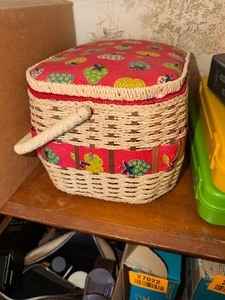 lot 27013 image: Beautiful Woven and Red Apple Sewing Basket with a Various Amount of Threads and other Sewing Supplies