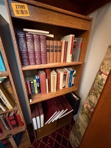 lot 27085 image: Wooden Bookshelf with a Variety of Books, Including Butlers Lives of the Saints, Words of Josephus, and Many History Books