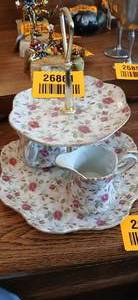 lot 26861 image: Lefton Rose Chintz Porcelain Coffee Pot, Creamer, Sugar Bowl, and Display Plate