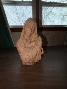 lot 27010 image: Hand-sculpted Clay Statue of Virgin Mary holding Baby Jesus