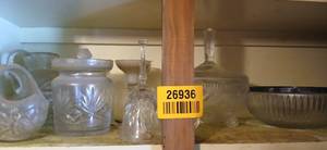 lot 26936 image: Lot of Crystal Including Candy Jars, Basket, Pitcher, and More